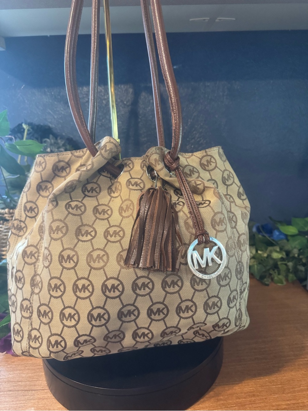 Michael Kors East West Signature Jacquard Leather Ring Tote Shoulder Bag